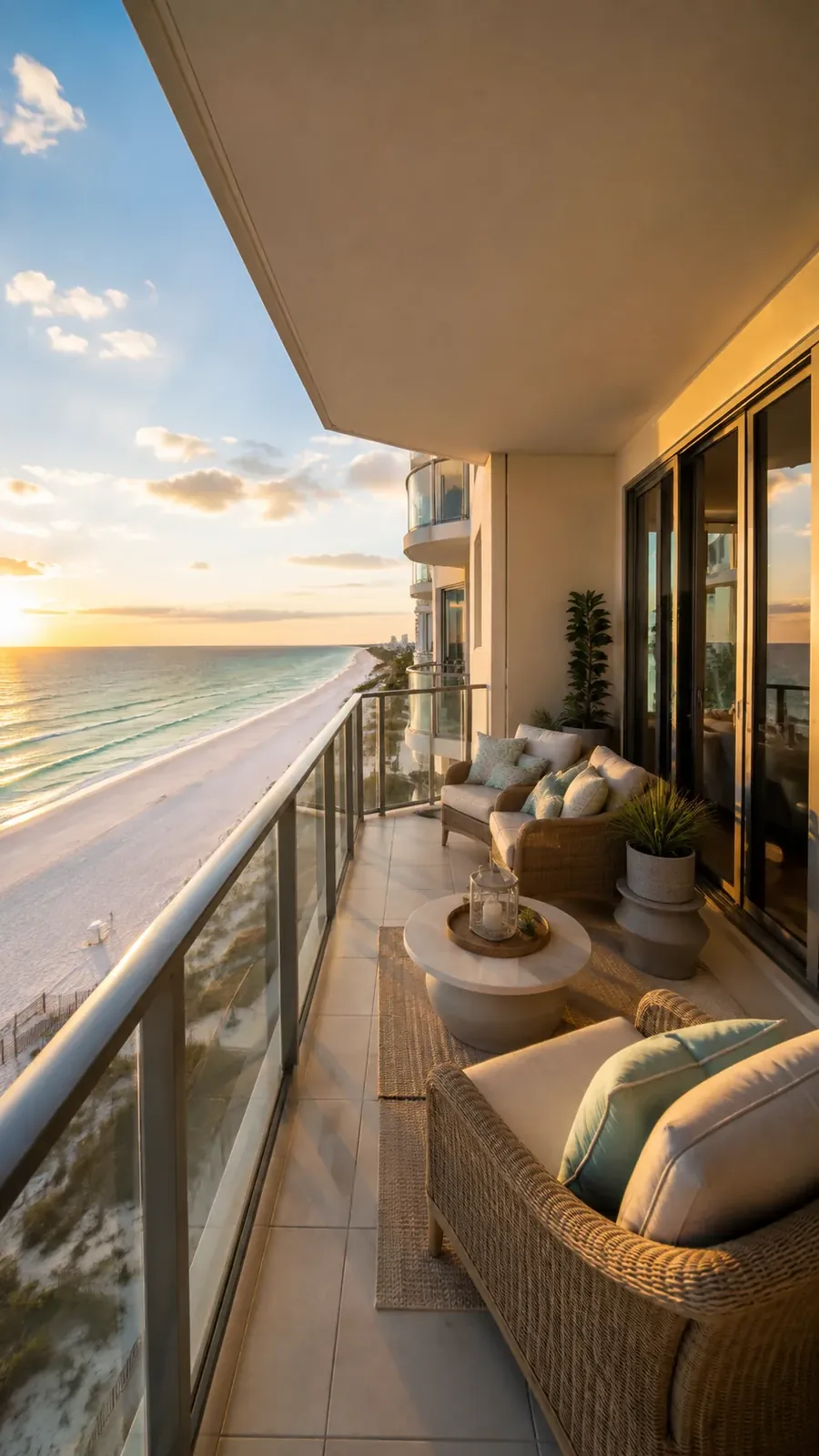 Sunset view of the Gulf of Mexico from a furnished gulf-front condo balcony in Panama City Beach